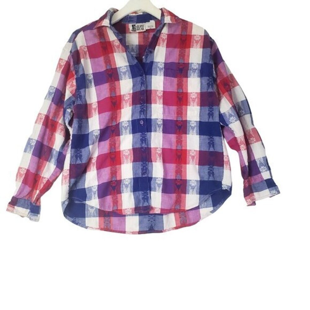 VNTG JEANS WEAR Womens Button Up Plaid 90's Y2K Red Blue 100% Cotton‎ Medium